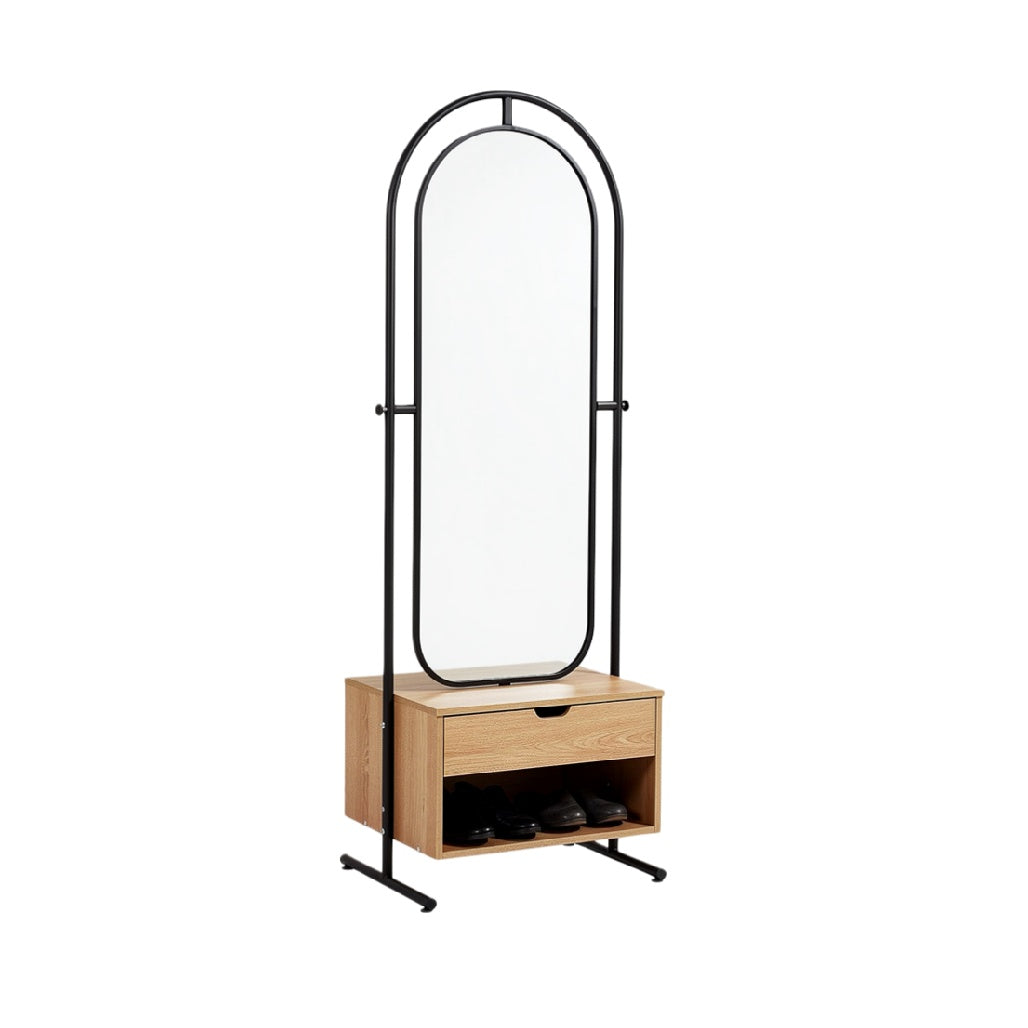 Modern Standing Mirror with Wooden Drawer and Shoe Storage